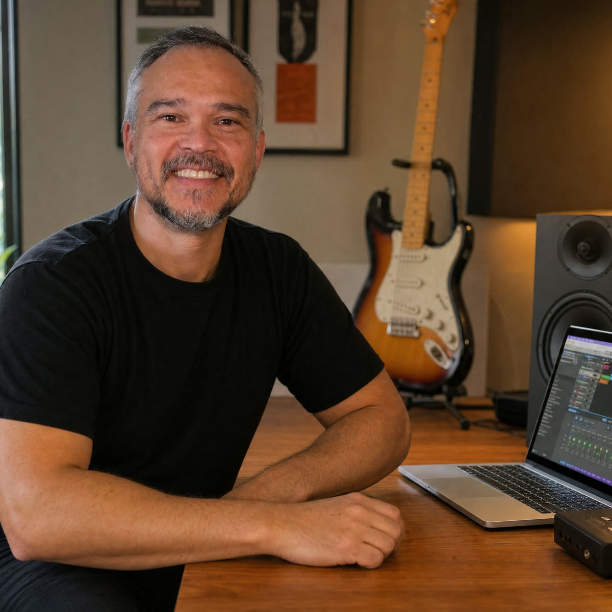 Alexandre Yuan sorrindo à mesa do estúdio de casa, com a DAW no laptop e a Stratocaster ao fundo