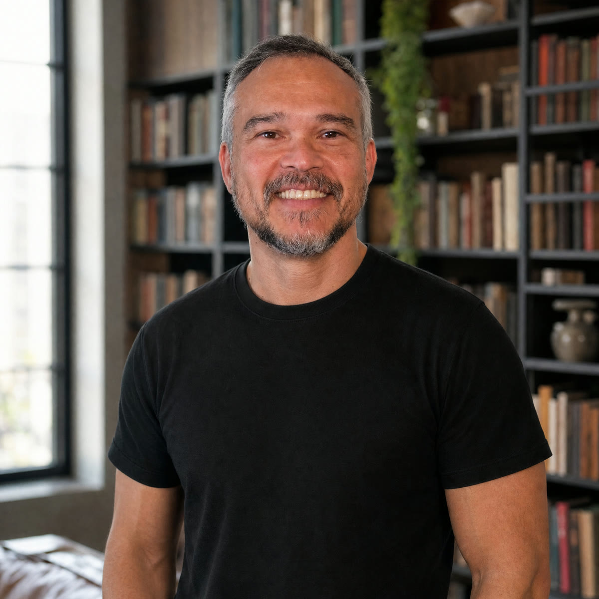 Retrato de Alexandre Yuan sorrindo numa biblioteca, luz natural de janela